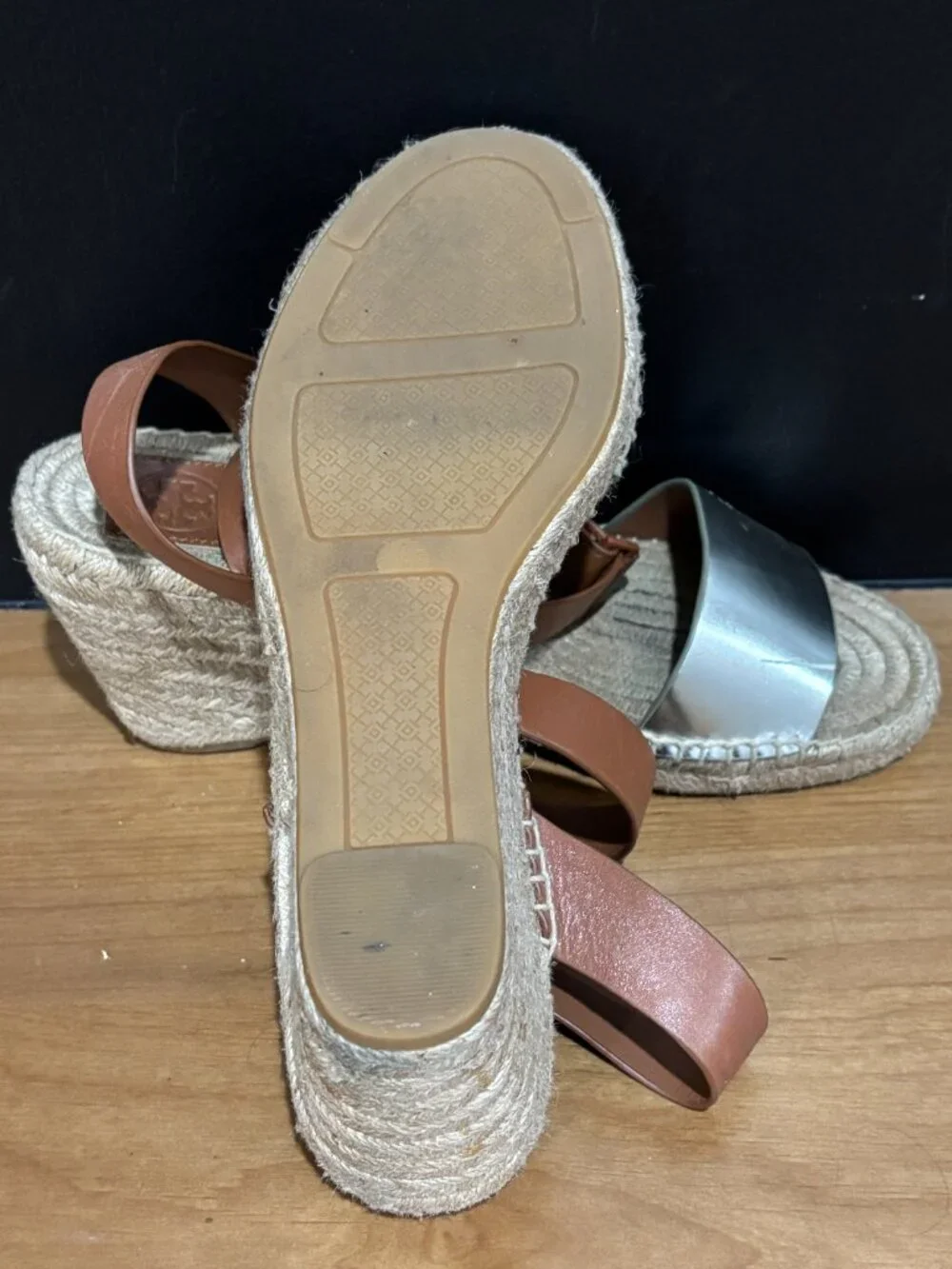 Tory Burch Silver Leather Toe and Brown Ankle-Strap Espadrille Wedges